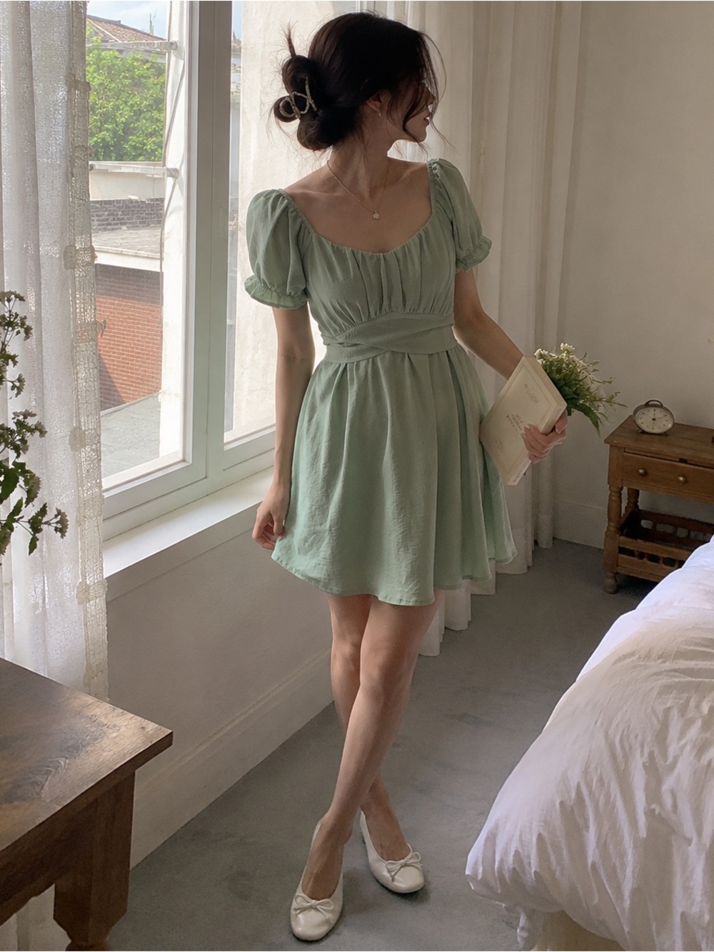 Sage Green Puff Sleeve Tie Back Mini Dress